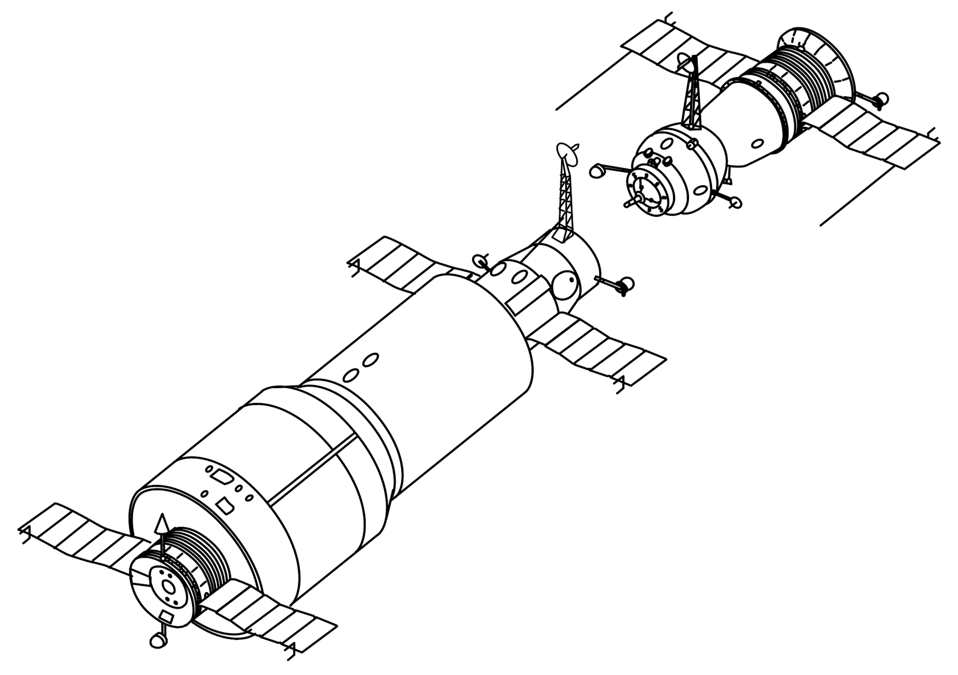 Esquema de Salyut 1 y una nave Soyuz